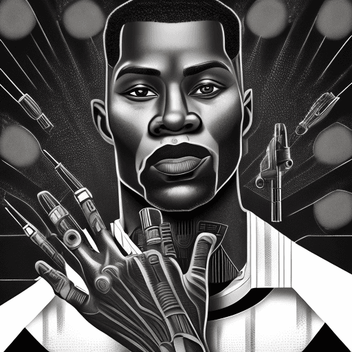 AI generated: A Black man with his head tilted back and cesar cut fade, as if he has been tattooed in the style of...