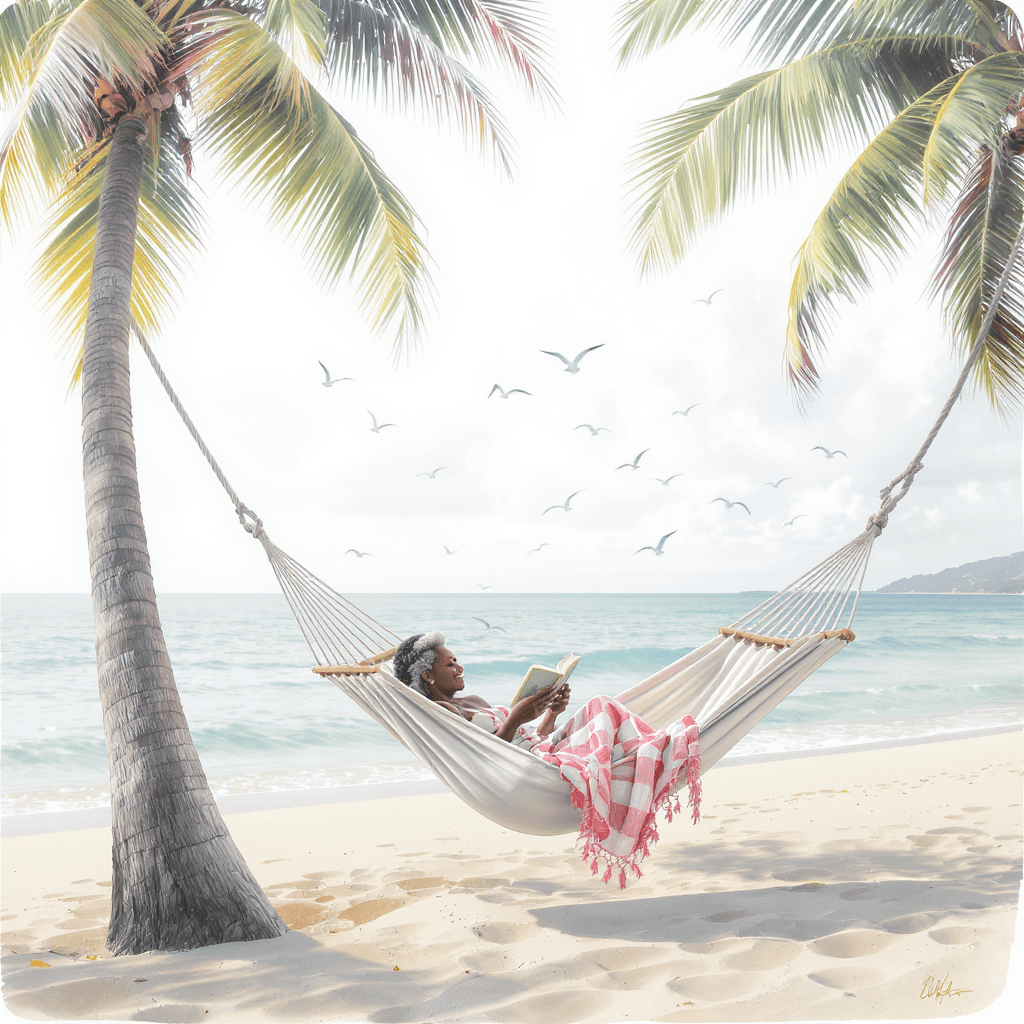 AI generated: A serene beach scene with a 70-year-old African American woman gently rocking in a hammock tied betw...