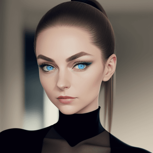 AI generated: An image of a woman with blue eyes standing straight, facing the camera head-on with a slight head t...