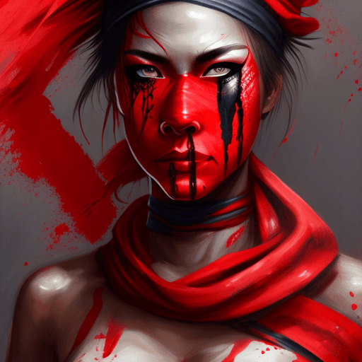 AI generated: a painting of a woman-ninja with red paint on her face, art, inspired by Magali Villeneuve, ninja ou...