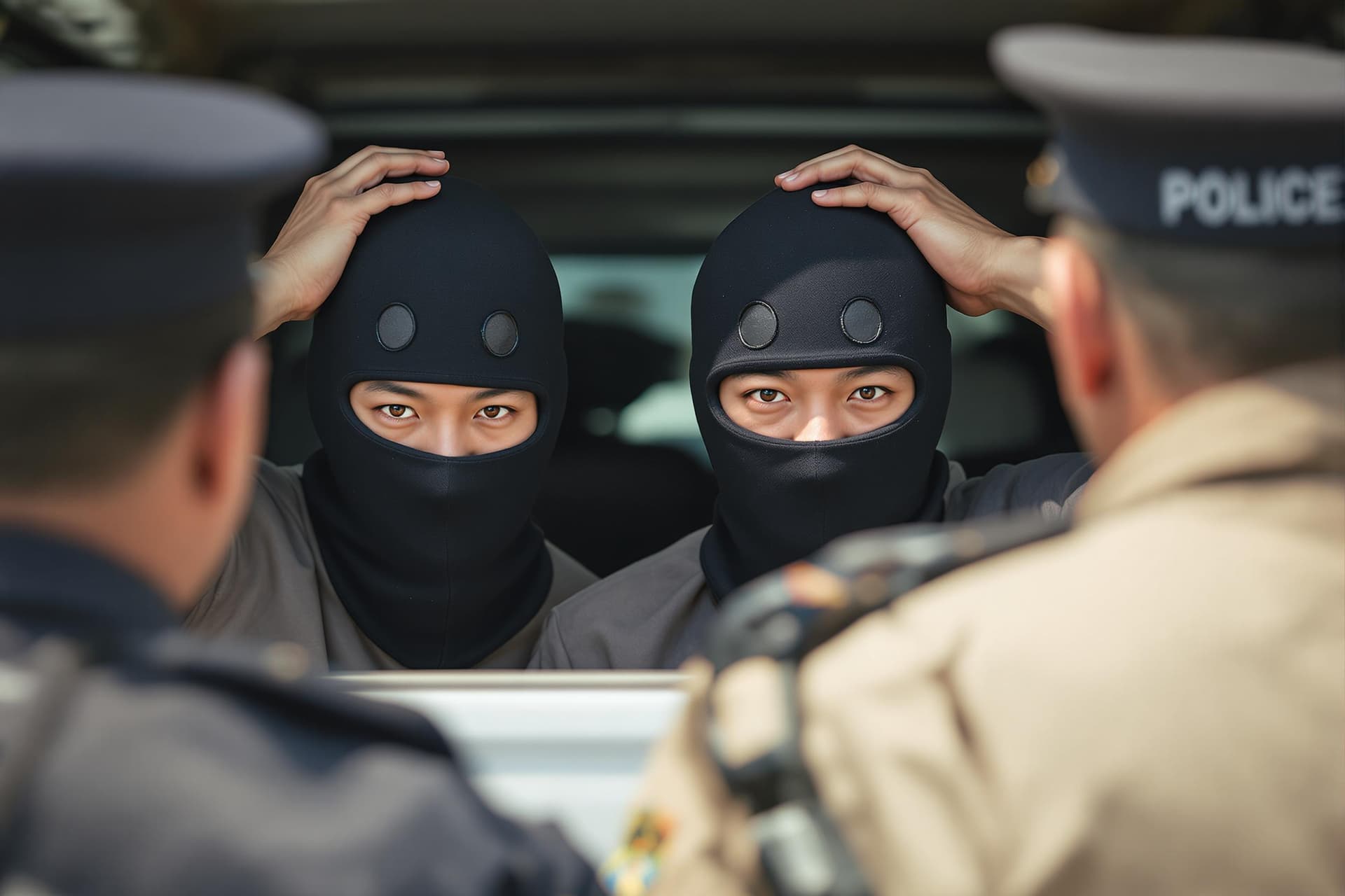 AI generated: Two strong male Asian born Chinese men arrested by policemen in day time. They are under police inve...