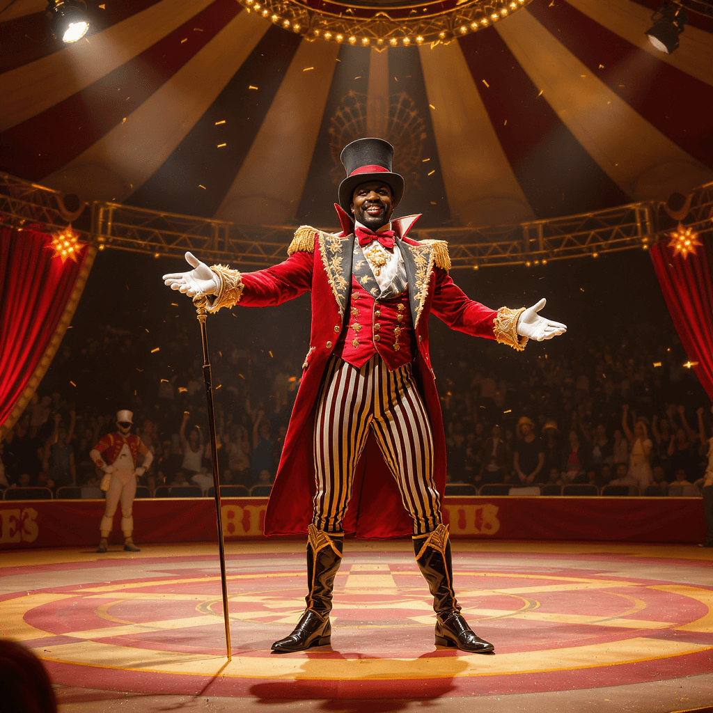 AI generated: A full-body, highly detailed portrait of a charismatic African American circus Ringmaster standing c...