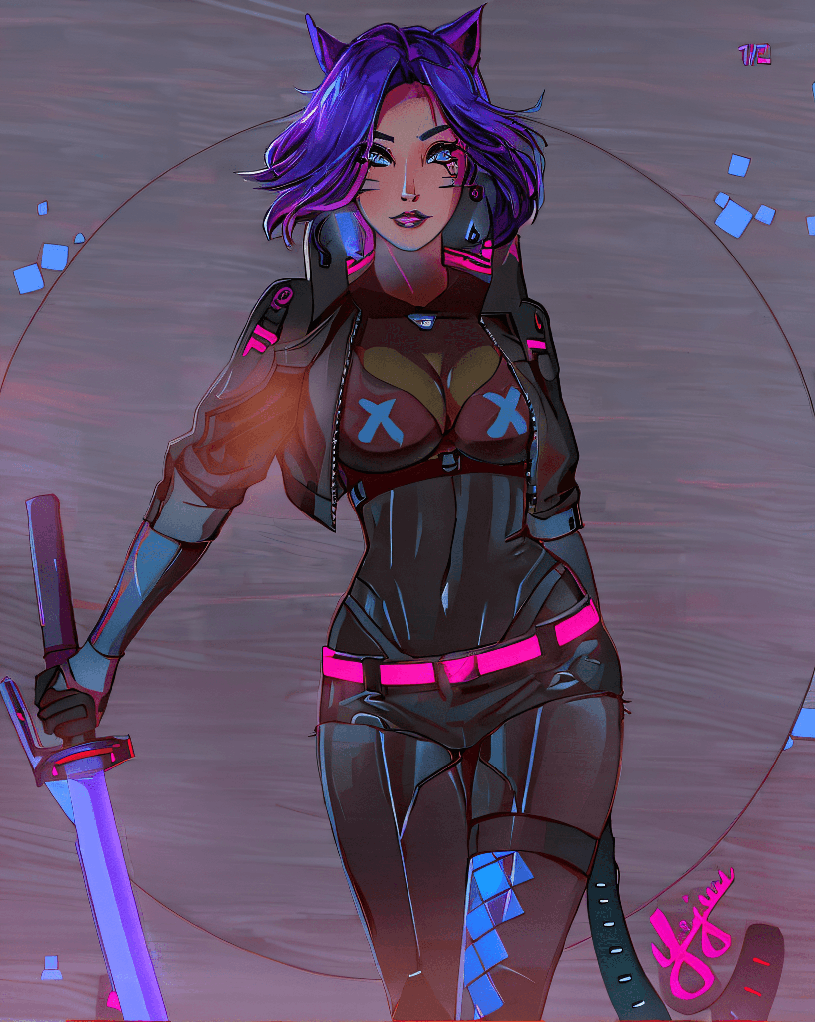 AI generated: a close up of a person in a cat suit with a sword, cyberpunk art style, cyberpunk femme fatale, cybe...