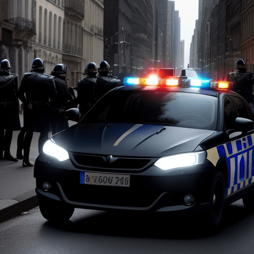 AI generated: voiture de police qui se fait attaquer par des criminels a gotham city