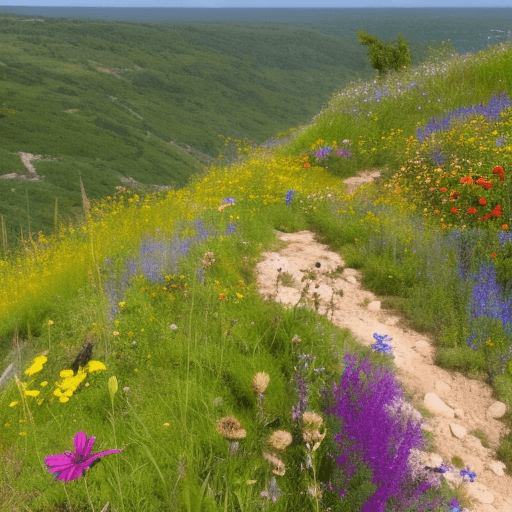 AI generated: wild flower garden on a cliff edge, with rough dirt path