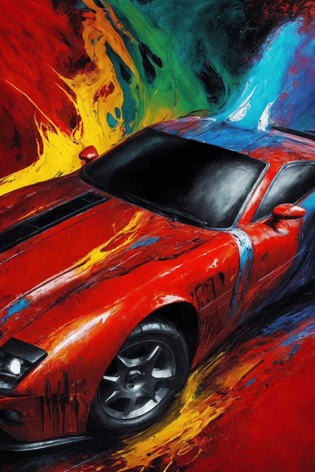 AI generated: ([hdr, film still] lifelike textures),abstract expressionist painting red race car, in the style of ...