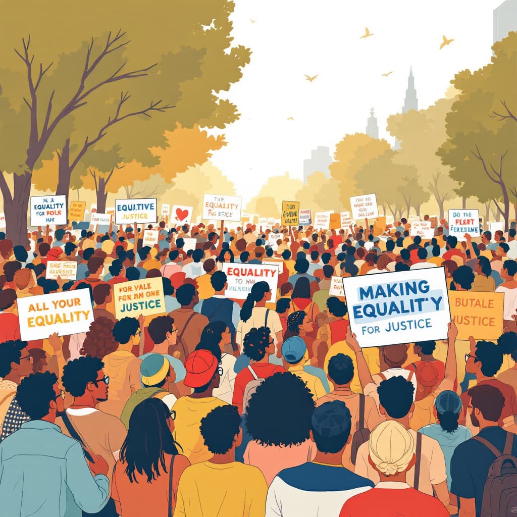 AI generated: 20240728153957list 2 Lofi illustration of a community rally with people holding signs advocating for...