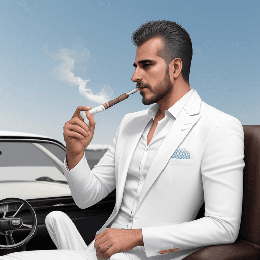 AI generated: homen de terno branco, pensativo, com cigarro de palha e cerveja, de cartola --auto --s2