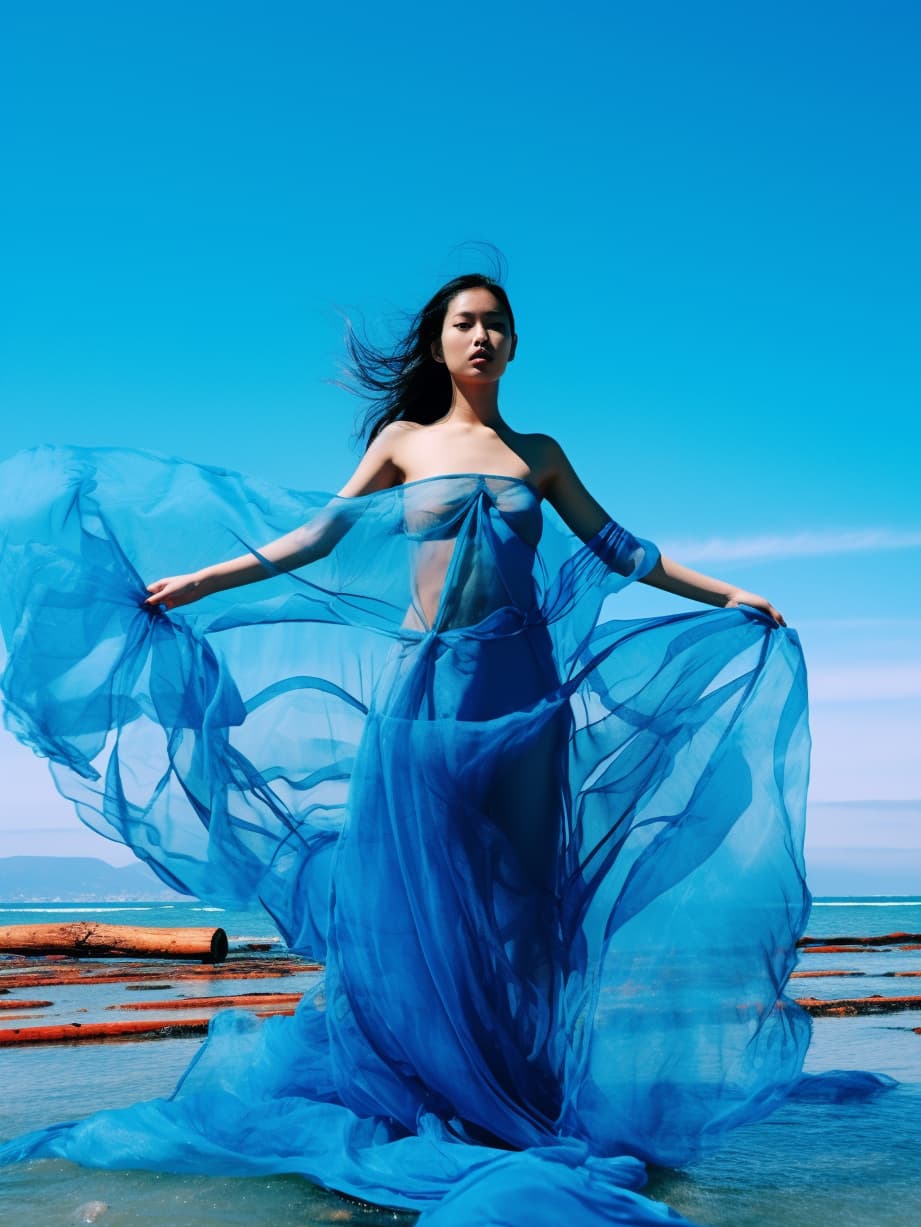 AI generated: a woman in a blue dress on the beach, in style of ren hang, fashion model features, in a style combi...