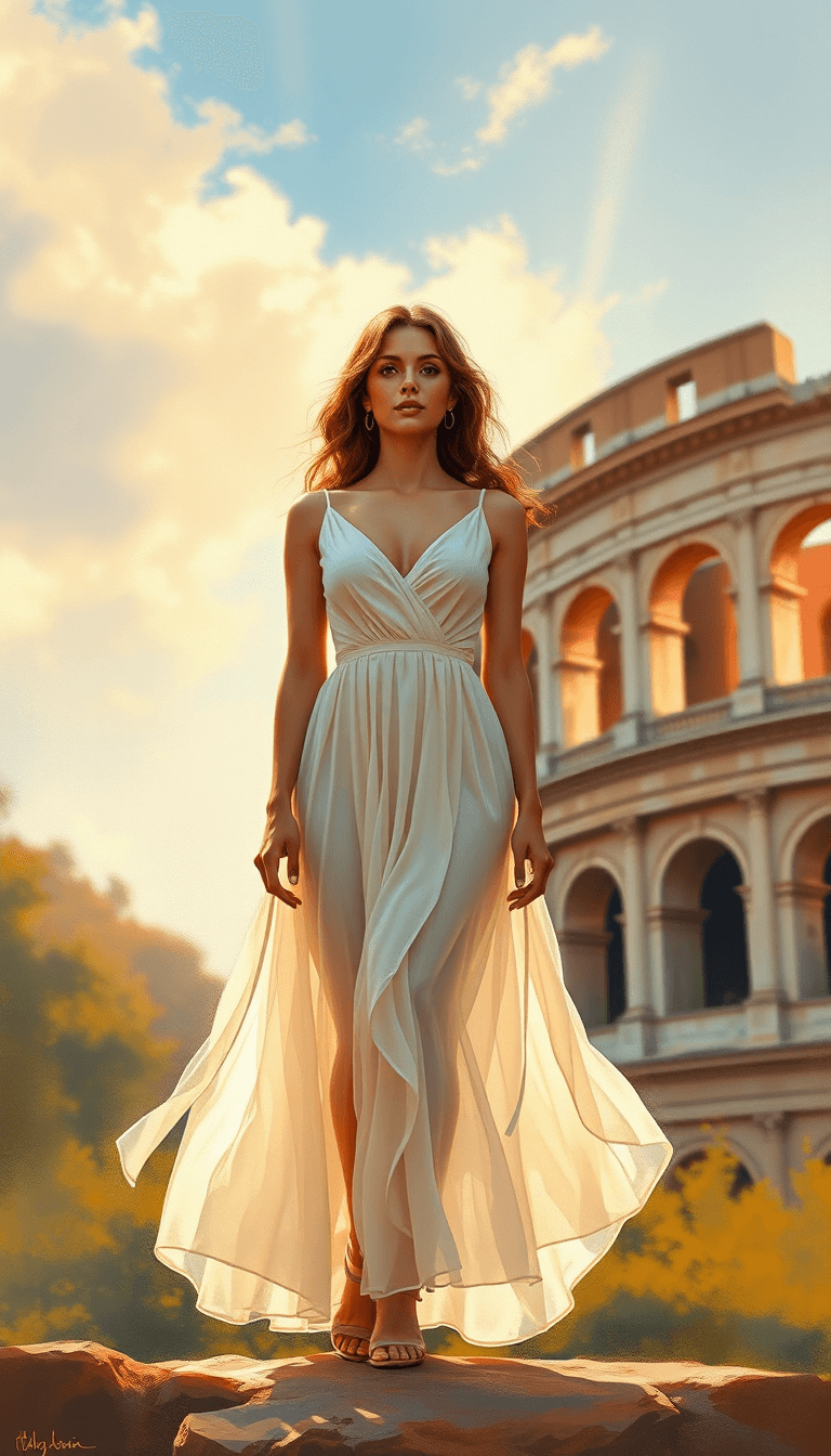 AI generated: Ethereal Italian beauty stands majestically in the golden light of a Roman summer, her elegant summe...