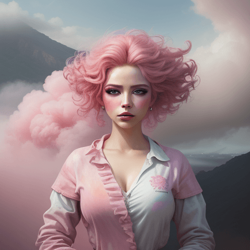 AI generated: portrait of a woman covered by a cloud of smoke, whirlwind, highlighted colors in pink, pink makeup,...