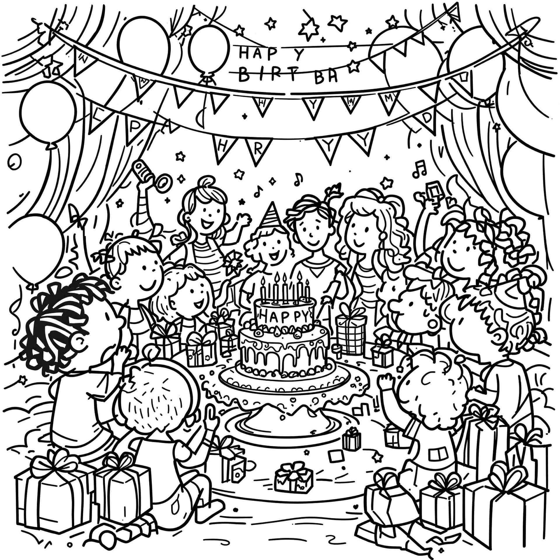 AI generated: High-resolution black-and-white line drawing of a birthday party: Include detailed elements such as ...