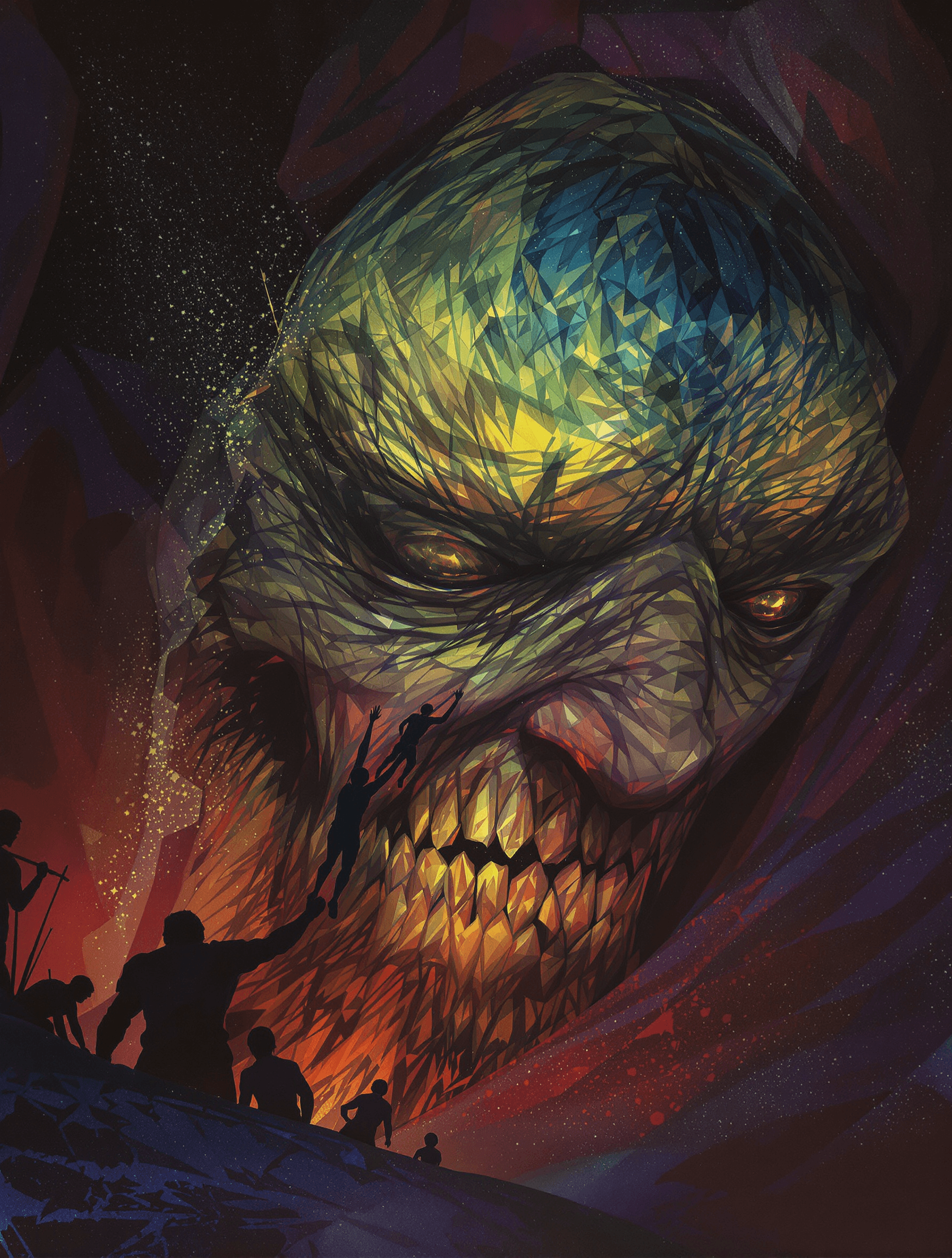 AI generated: Create an atmospheric colourful image depicting the giant Dark Balor, who is as old as a forest, his...