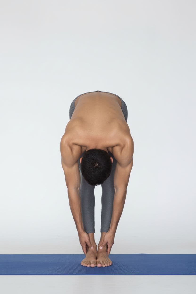 AI generated: touch your toe pose an african man but the view from behind 