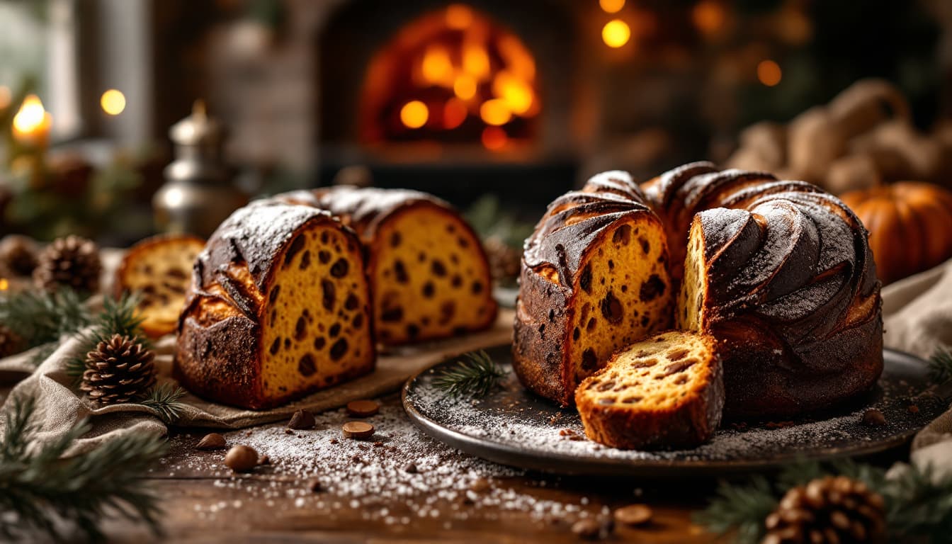 AI generated: Still life with traditional Christmas chocolate panettone bread, black and gold color palette, wood-...