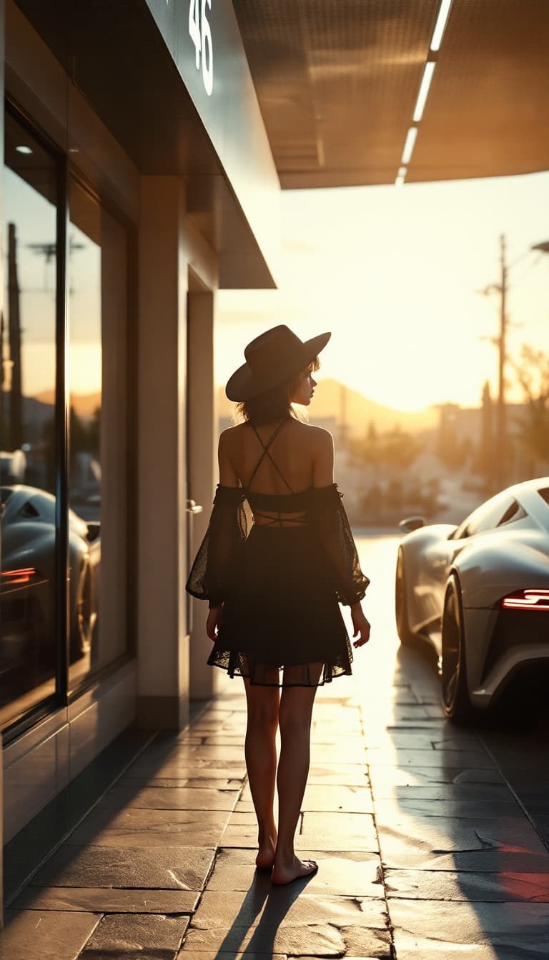 AI generated: Full body front view  of a stylish beautiful girl out of a future gasstation store, near a  air cush...