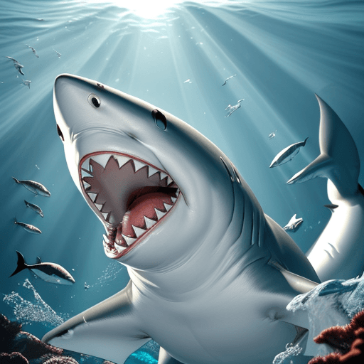 AI generated: A white-tipped shark with an open mouth as if trying to attack something or eat something, underwate...