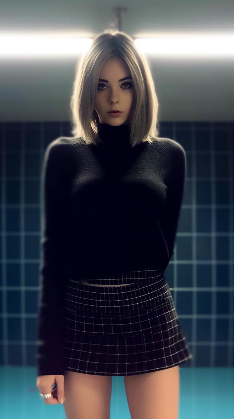 AI generated: A good-looking lady wearing a black sweater and checkered mini skirt in a bathroom hall, serious fac...
