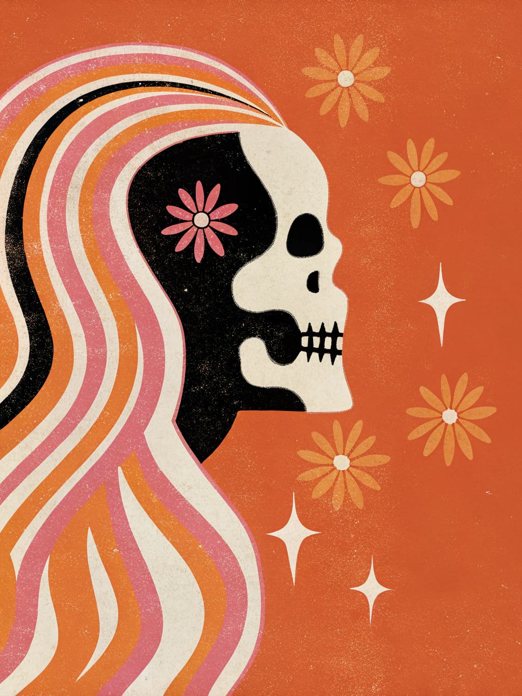 AI generated: a surreal, psychedelic skull portrait inspired by Alphonse Mucha and Peter Max, an abstract illustra...