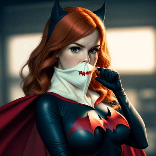 AI generated: Isla Fisher as Batwoman with a rag stuffed in her mouth