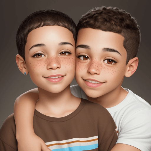 AI generated: Photo of a mixed girl with straight brown hair, brown eyes and no freckles hugging a mixed boy with ...