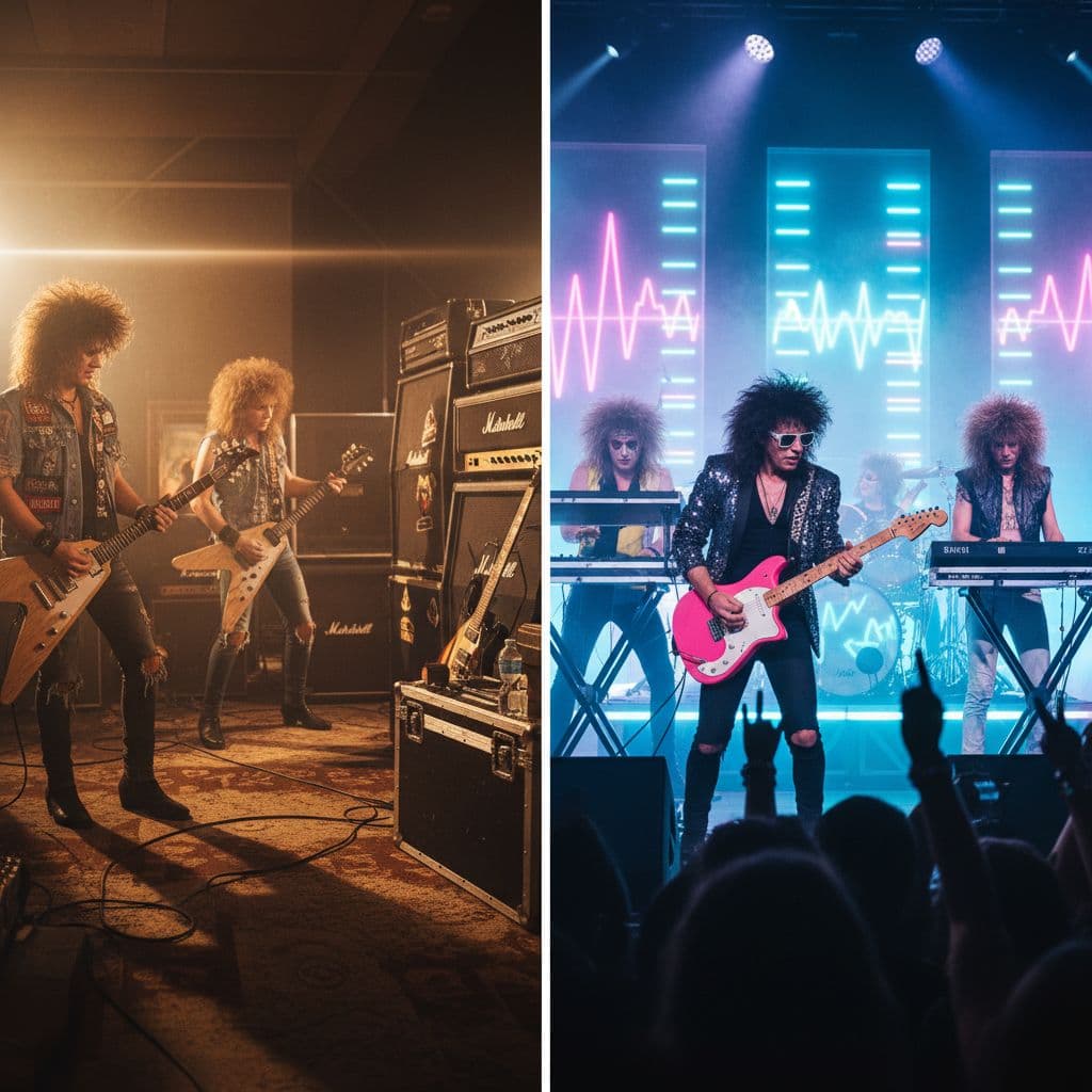 AI generated: “Backstage 80s rock band preparing, amplifiers stacked, guitars leaning, band members with big tease...