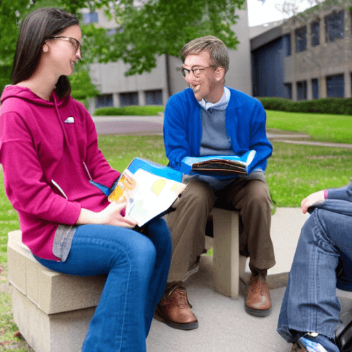 AI generated: college student speaking with middle-aged professor on campus about reading, sharing books, colourfu...
