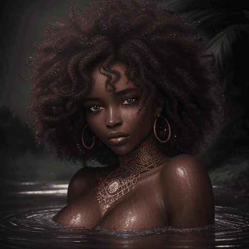 AI generated: An exquisite portrait of an African woman with fair skin and a realistic curly hair bathing in the p...