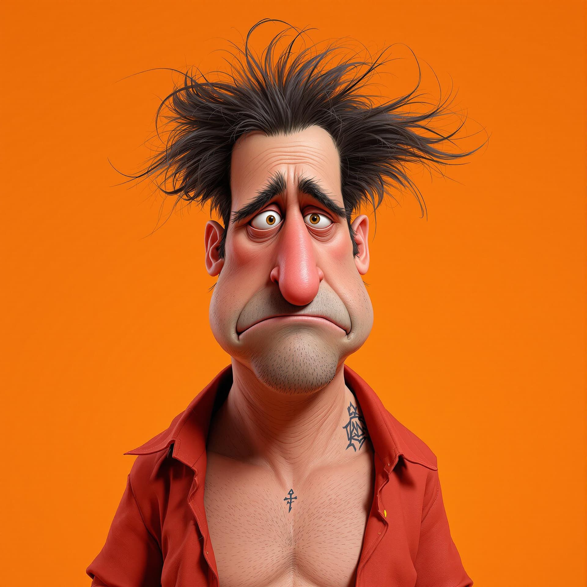 AI generated: A caricature of a man with exaggerated features is set against a vibrant orange backdrop. His skin i...