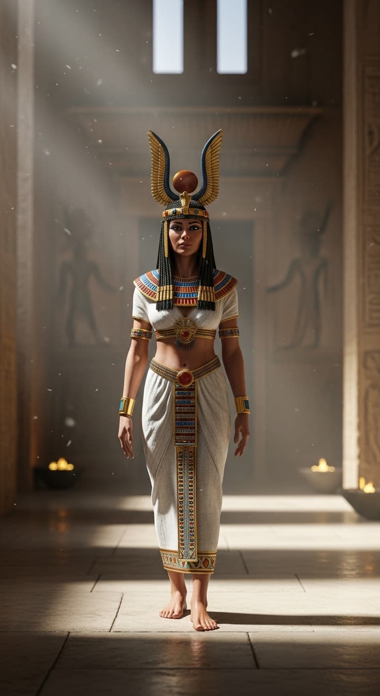 AI generated: Full body view of a stunning, hyper-realistic, photographic, cinematic still of an elegant ancient E...