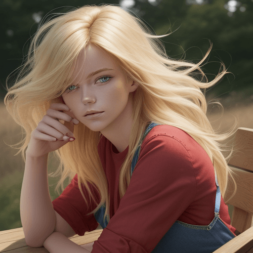 AI generated: The image features a beautiful blonde woman sitting on a wooden chair, wearing a red shirt and blue ...
