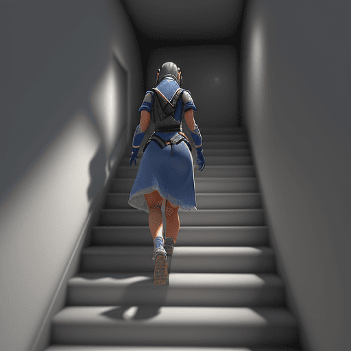 AI generated: 3D rendering, a girl name Ana walking up the stairs. half way very tired, catching up breath