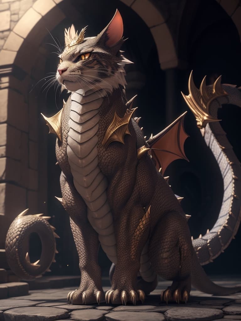 AI generated: dragon-cat, full body shot, cinematic, light colors, hyper detalic, 8k, light, dragon's dungeon