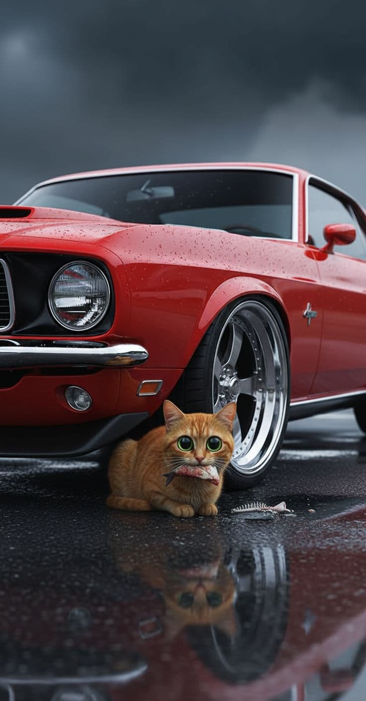 AI generated: An orange cat with big innocent eyes sits under a red car and is eating fish.