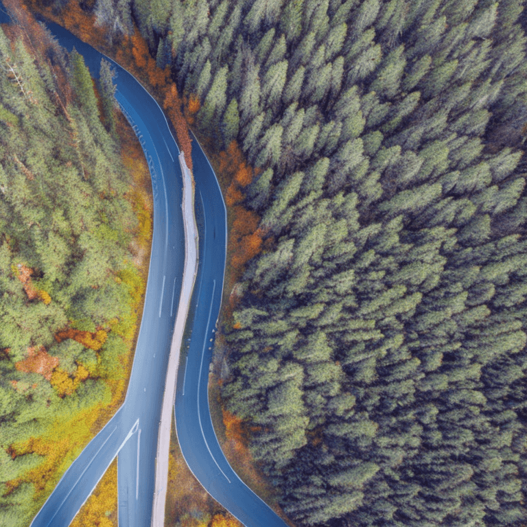 AI generated: arafed view of a long road running through a forest, road into the forest with a lake, forest and ri...