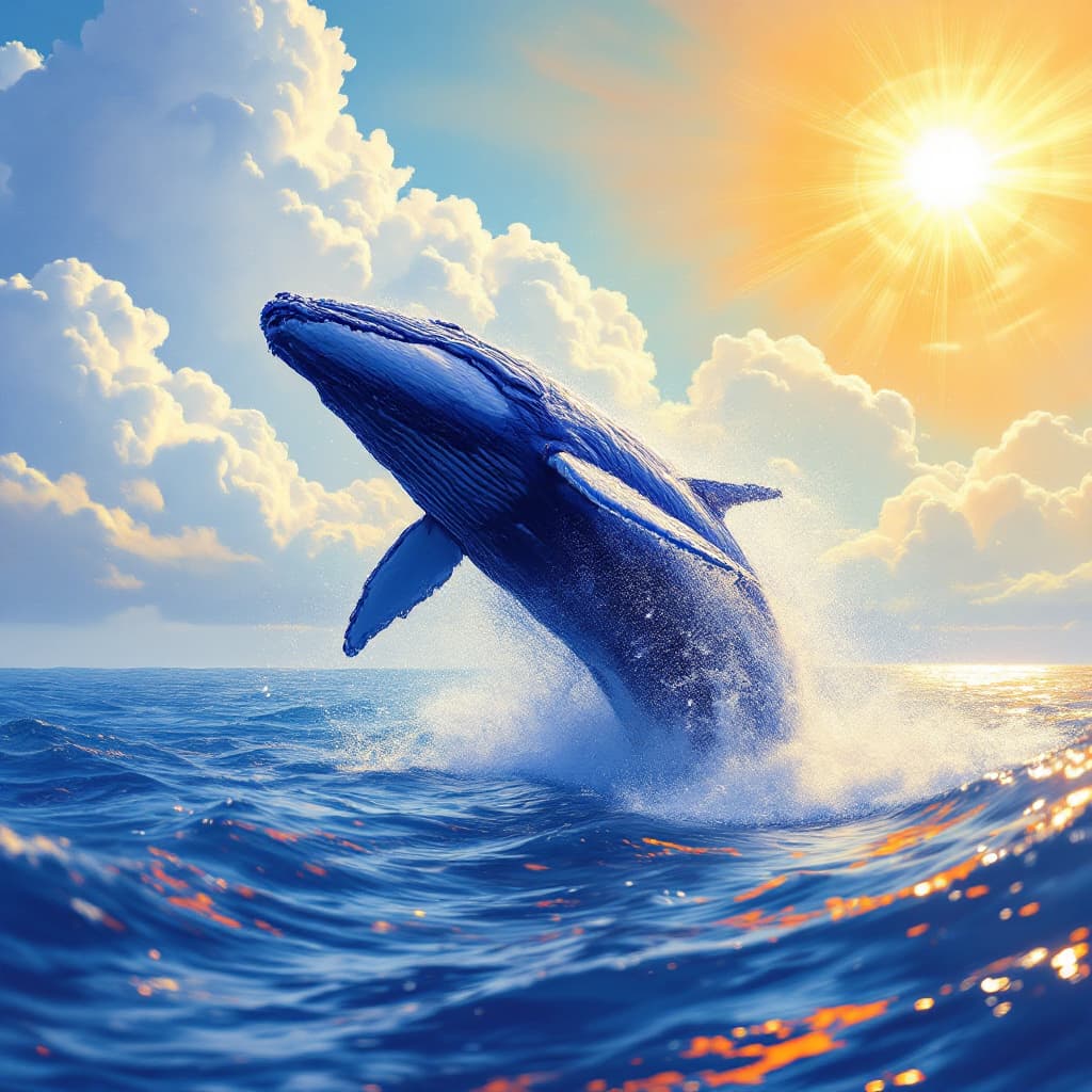 AI generated: Humpback whale performing an acrobatic jump in a tropical sea, with a background of white clouds and...
