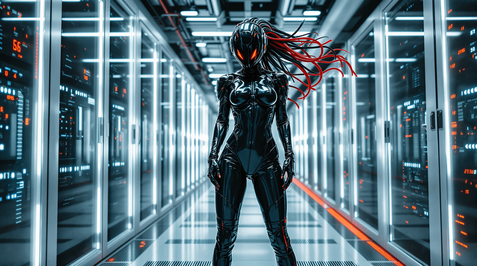 AI generated: A futuristic vision theam, full figure posing/shot, She's standing in the middle of a futuristic ser...