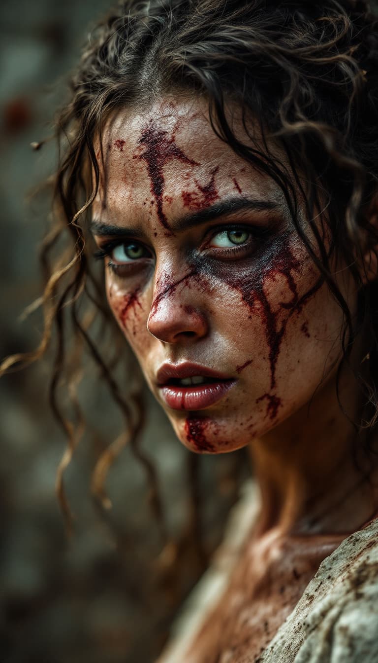 AI generated: high-resolution photograph, woman, ugly scar in the face, exposed body,  dramatic scene of old war, ...
