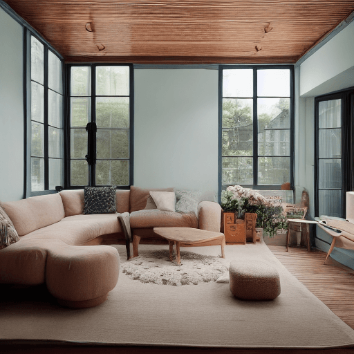 AI generated: High resolution photography interior design, dreamy sunken living room conversation pit, wooden floo...