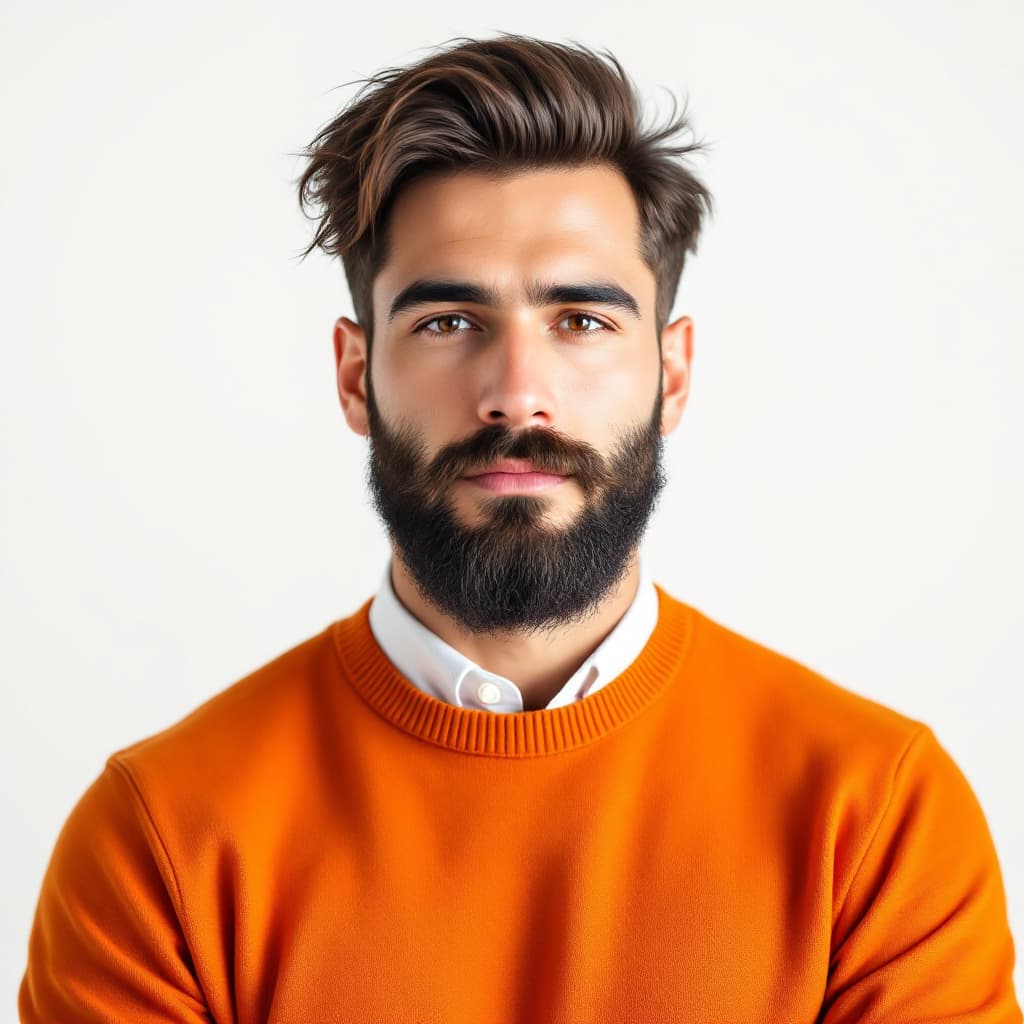 AI generated: handsome male,beard,upper body portrait,orange sweater,white background,