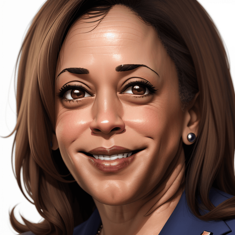 AI generated: cartoon kamala harris headshot, looking into camera, white background, smiling, 4K, wearing a suit
