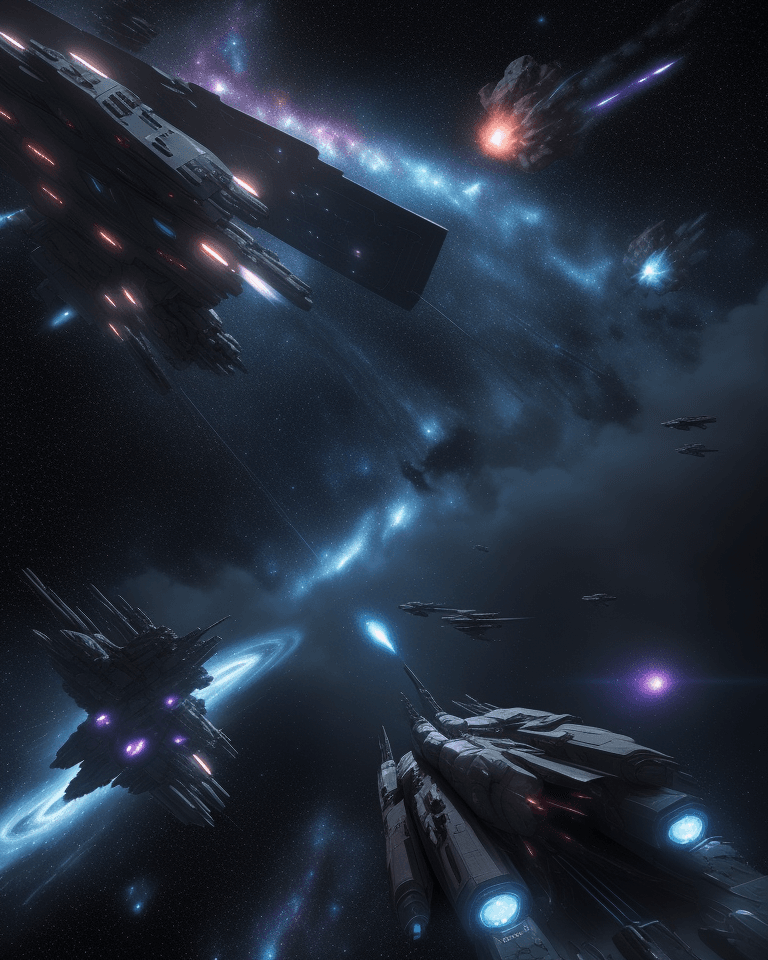 AI generated: Cinematic Still, intense space battle between two massive battleships, starry sky, nebulae, galaxies...