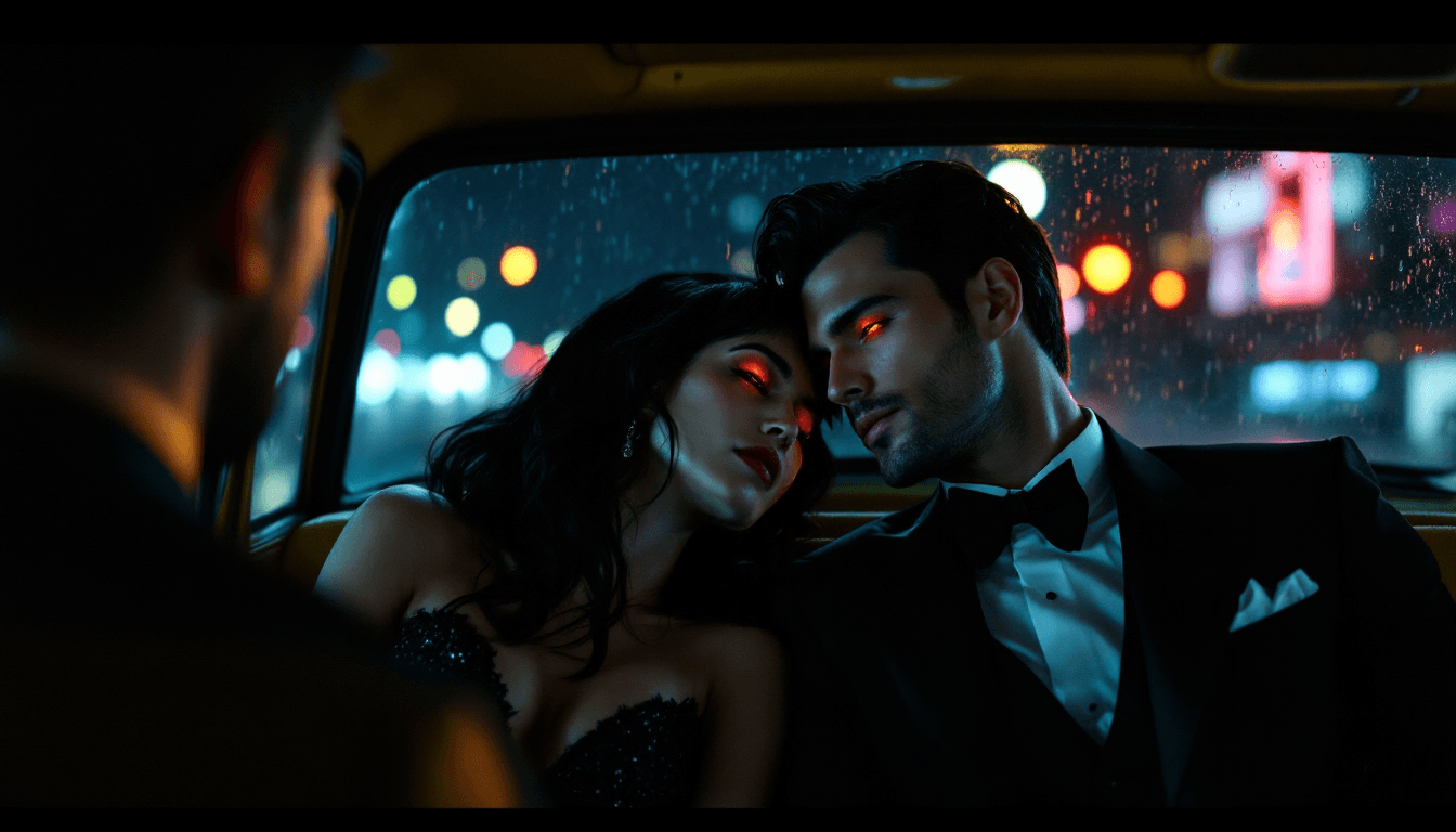 AI generated: Interior of a yellow cab at night. A Caucasian couple (Lilith and Jon) in the back seat. Lilith (in ...