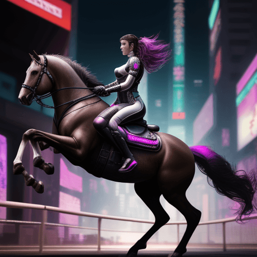 AI generated: High resolution photography of a beatiful woman riding a molecule like a horse in a cyberpunk escene...