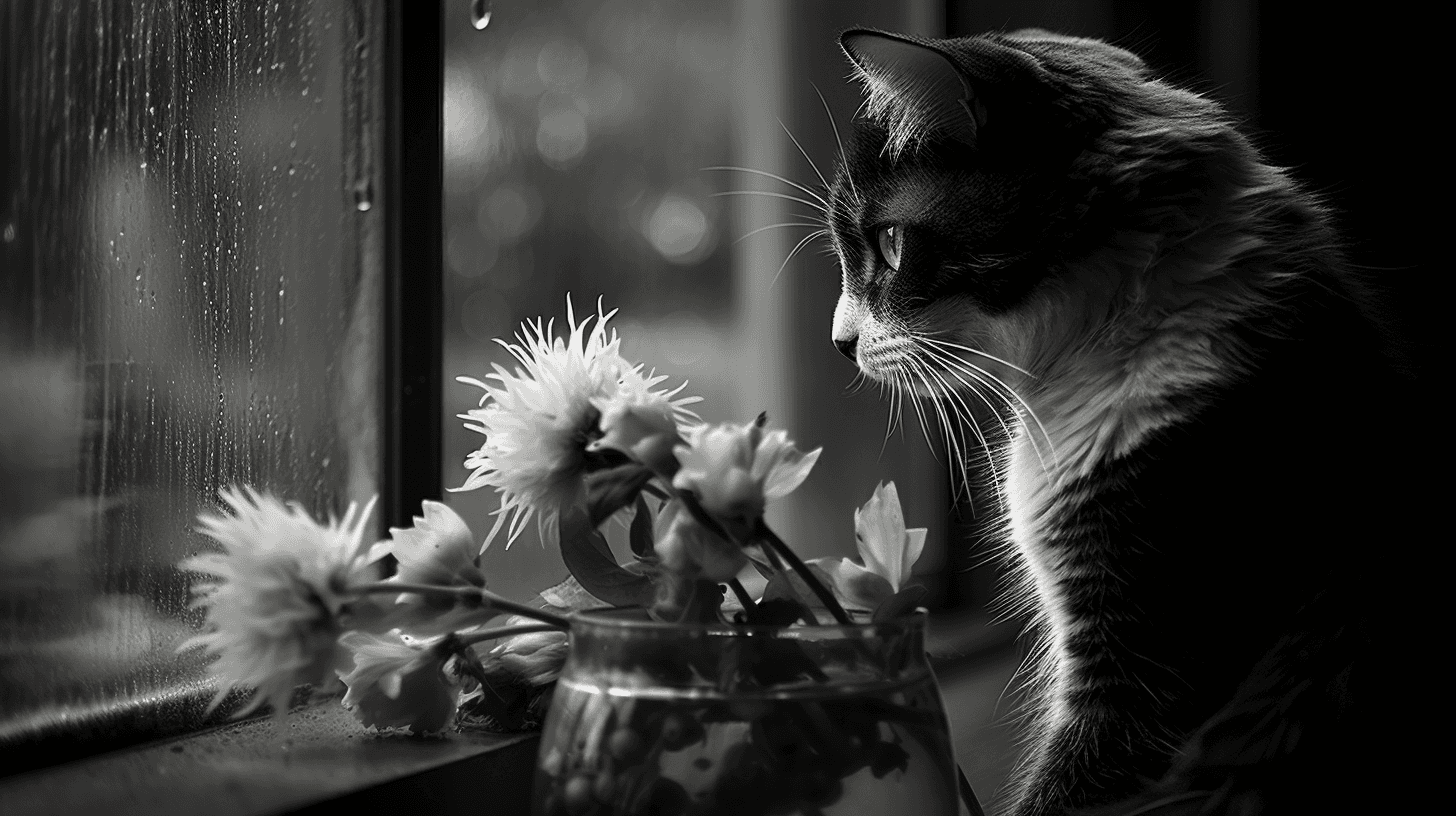 AI generated: monochromatic, rainstorm, hyper-realism, black and white, cat, a feeling of sadness, through a windo...