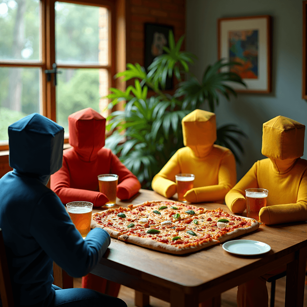 AI generated: unusual indoors party featuring geometrical shaped persons square-formed having a squared-shaped piz...
