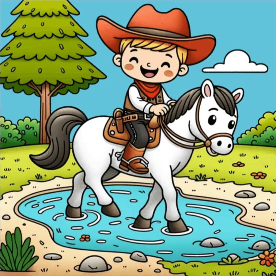 AI generated: The image is a cheerful cartoon illustration of a young boy riding a pony across a shallow stream. T...