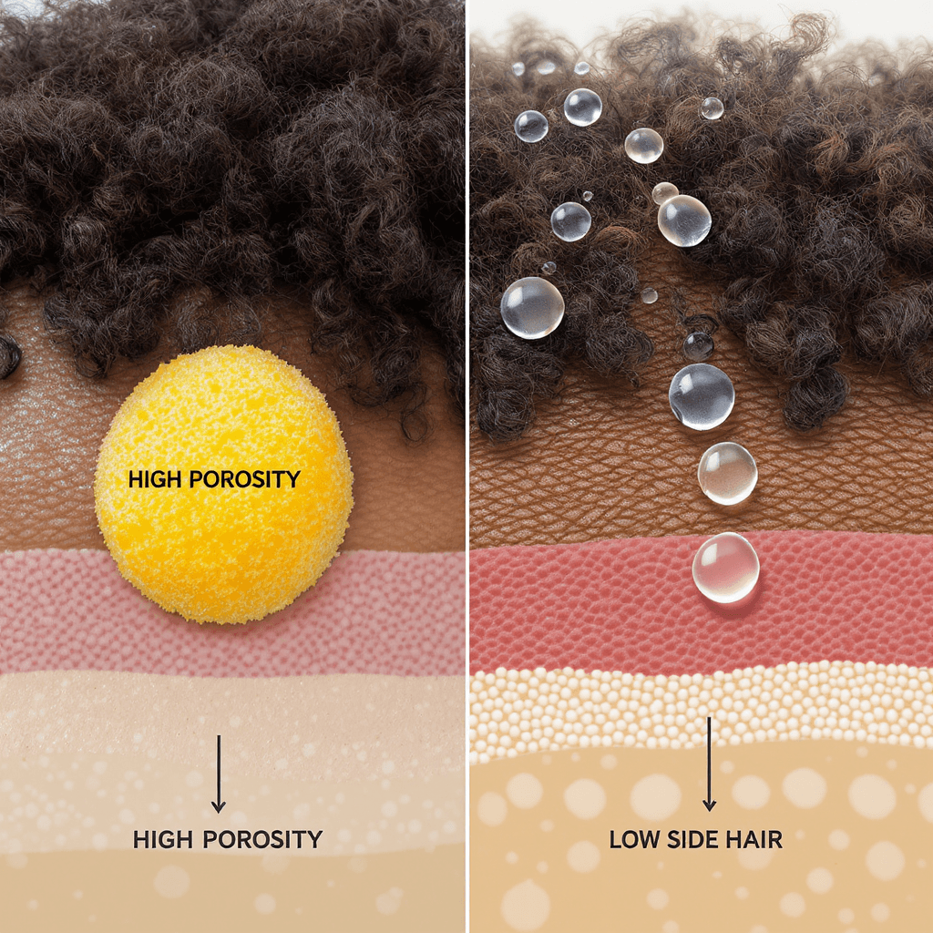 AI generated: split-screen macro illustration of afro-textured hair porosity types, left side showing high porosit...