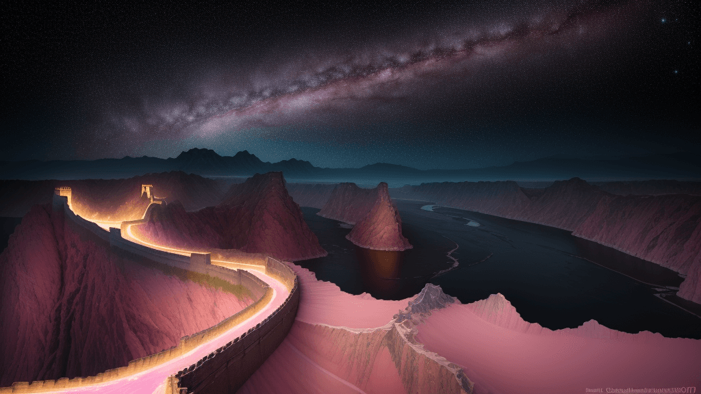 AI generated: This is a surreal and complex cg rendering at night, the light pink sky covers the great falls on th...