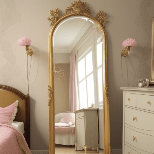 AI generated: image of a art nouveau style gold floor length mirror in a girls bedroom
